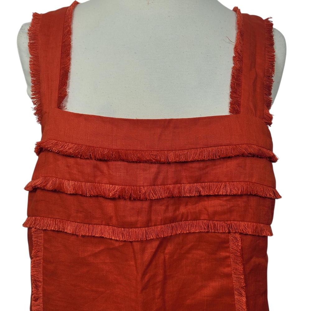 J. Crew Squareneck Linen Bold Red Fringe Boho Chic Tank Top Size 6 Petite - Picture 2 of 10